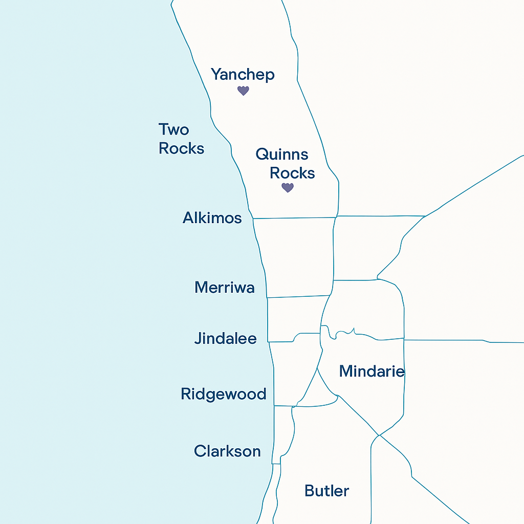 Map showing TV Antennas Clarkson service area covering Perth's far-north coastal suburbs from Butler to Two Rocks
